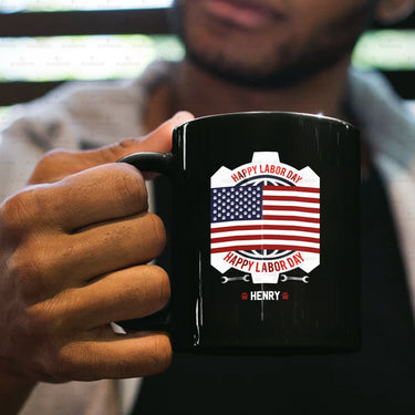 Personalized Dog Gift Idea - Happy Labor Happy America Flag In The Middle For Dog Lovers - Black Mug